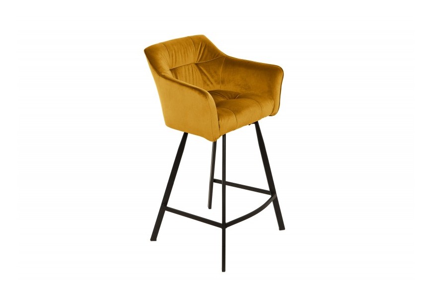 Moderní sametová žlutá barová židle Garret s černou kovovou konstrukcí 100cm