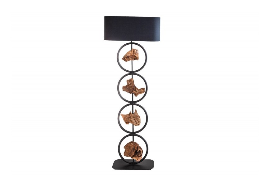 Koloniální vysoká stojací lampa Elements s oválným stínidlem a dřevěnými prvky 147cm