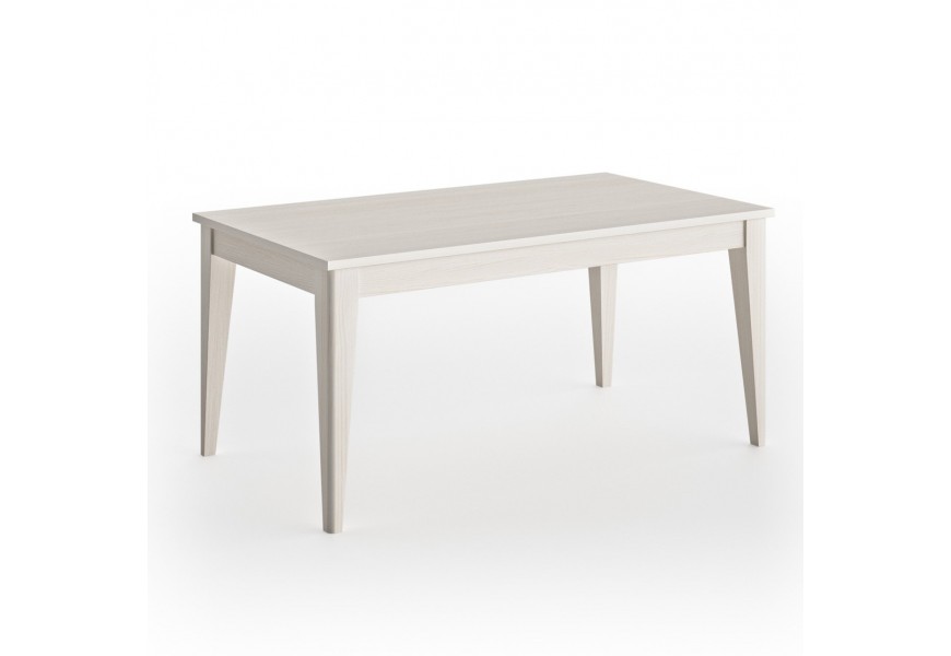 Luxusní skandinávský masivní jídelní stůl Lyon s obdélníkovou rozkládací deskou a šikmým trojúhelníkovýma nohama se zaoblenou hranou v bílé barvě