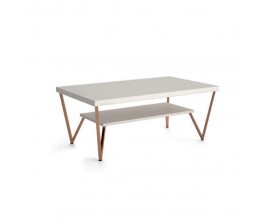 Luxusn&iacute; modern&iacute; designov&yacute; konferenčn&iacute; stolek Estoril s obd&eacute;ln&iacute;kovou masivn&iacute; vrchn&iacute; deskou a polic&iacute; v b&iacute;l&eacute; barvě s tenk&yacute;mi kovov&yacute;mi nohami ve tvaru v měděn&eacute;m proveden&iacute;