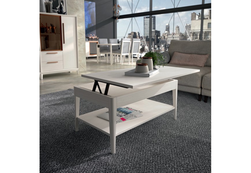 Luxusní venkovský konferenční stolek Estoril z masivního dřeva v bílé barvě s vyklápěcí obdélníkovou vrchní deskou s úložným prostorem a otevřenou policí se čtyřmi válcovitými nohami