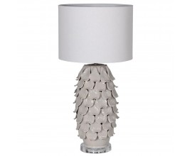 Art-deco luxusní keramická šedá stolní lampa Ayote s členitou dekorativní podstavou a kulatým stínítkem ze lnu 70cm