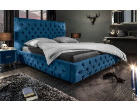 Chesterfield manželská postel Kreon v modrém sametovém potahu na matraci 180x200cm