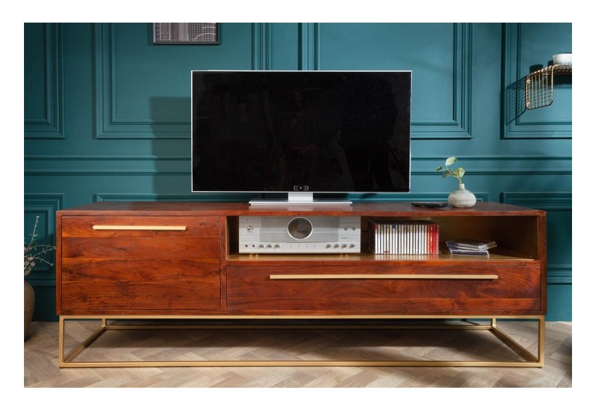 Art-deco TV stolek Alyr z masivního dřeva se zlatými prvky 165cm