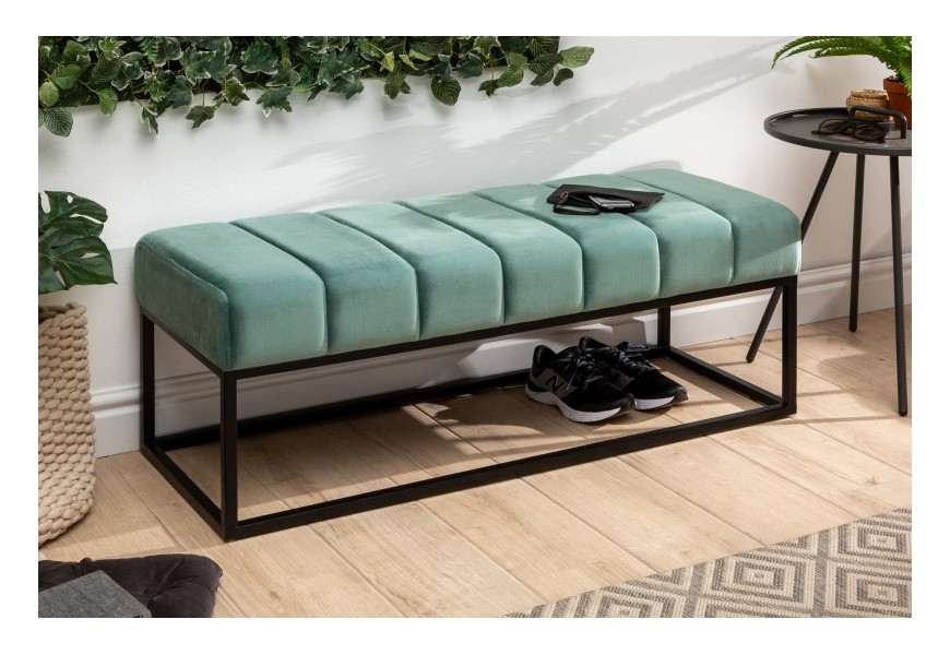 Retro lavice Taxil se sametovým potahem mentolové barvy a konstrukcí z kovu 110cm