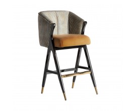 Art-deco luxusní barová židle Brilon v hořčičný potahu se vzorem na vysokých dřevěných nohách 107cm