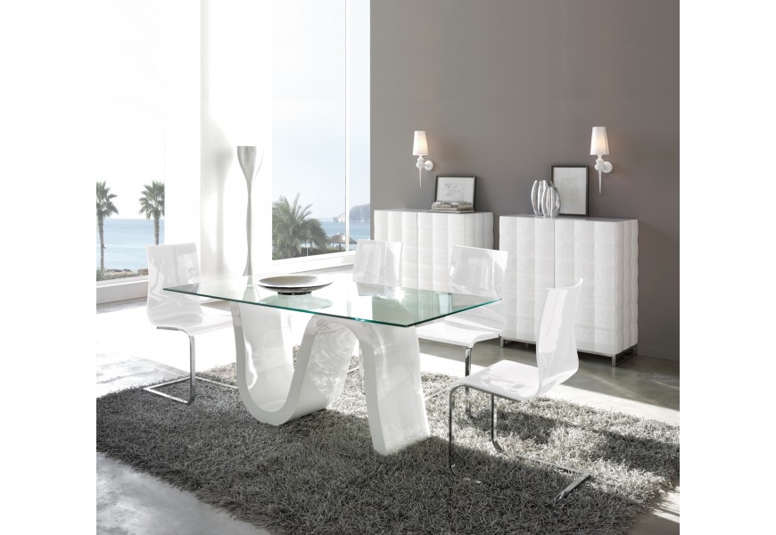 Designový skleněný jídelní stůl Oleada s bílou vlněnou podnoží 180 cm
