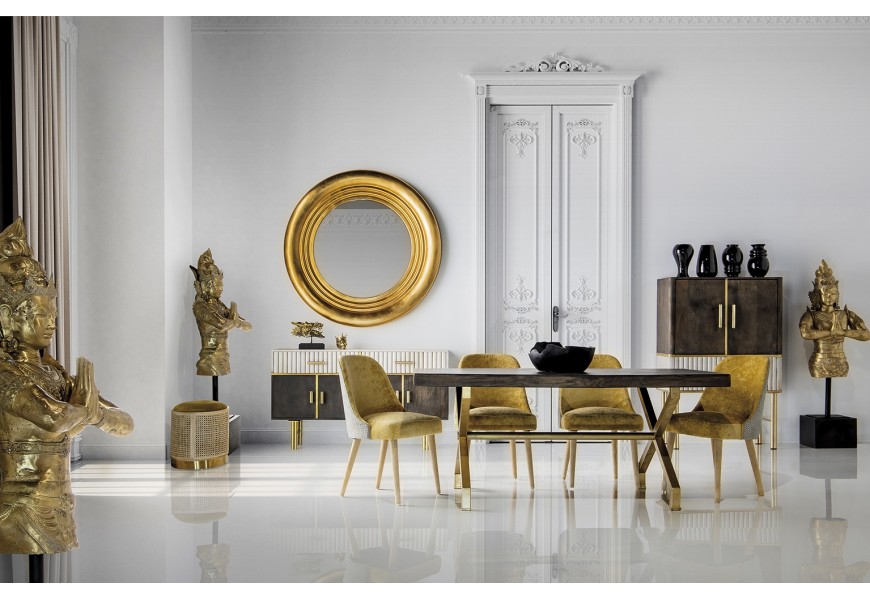 Art-deco luxusní jídelní stůl Krai s masivní hranatou deskou a zlatými nohama 180cm