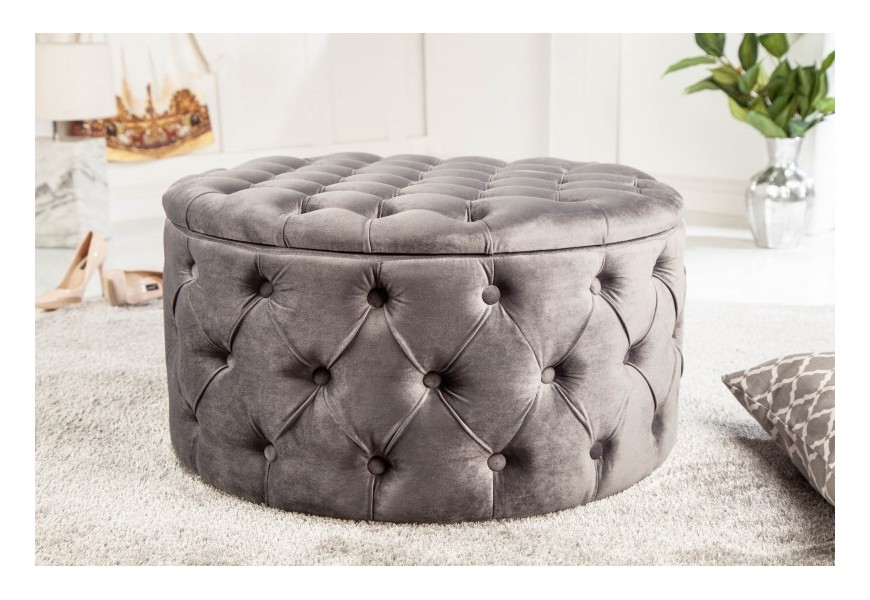 Barokní chesterfield kulatá taburetka Modern Barock v tmavošedé barvě ze sametu s úložným prostorem 75cm