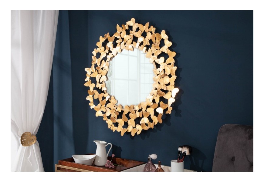 Art-deco nadčasové kulaté nástěnné zrcadlo Papillon v rámu zlaté barvy 78cm