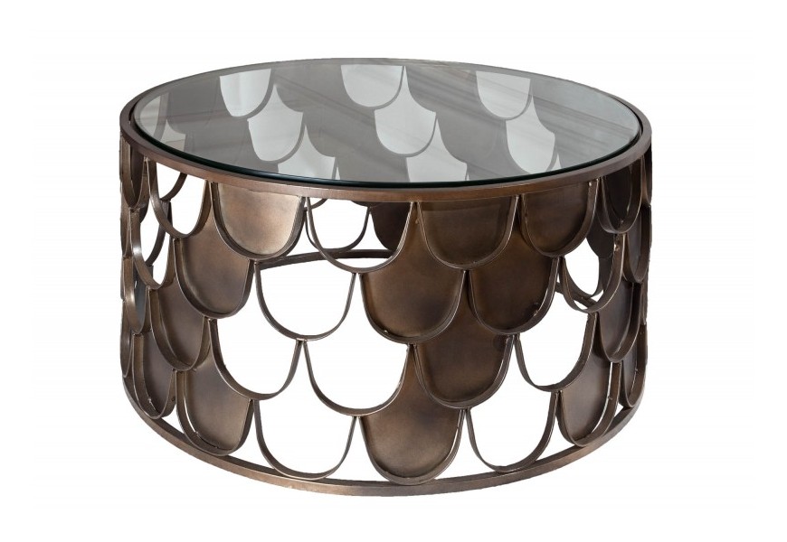 Art-deco bronzový kruhový konferenční stolek Escama se vzorem rybích šupin a skleněnou deskou 70cm
