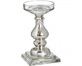 Designový skleněný stojan na svíčku Galis s klasicky tvarovanou siluetou ve stříbrné barvě se zlatou patinou 24 cm