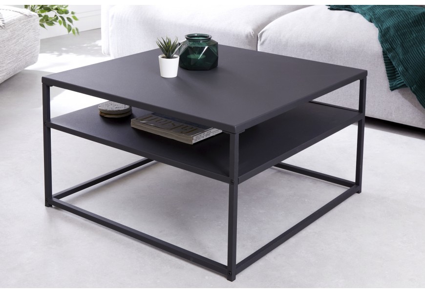 Nadčasový a minimalistický černý čtvercový konferenční stolek Industria Durante s policí z kovu v industriálním stylu