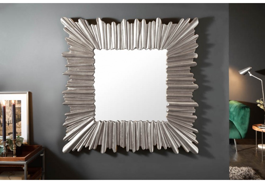 Art-deco stylové čtvercové nástěnné zrcadlo Cuadrado v tlustém rámu stříbrné barvy 96cm