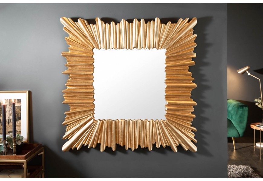 Art-deco designové čtvercové nástěnné zrcadlo Cuadrado v tlustém rámu zlaté barvy 96cm