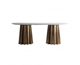 Art-deco zlatý jídelní stůl Leze s oválnou mramorovou deskou v bledém odstínu 200cm