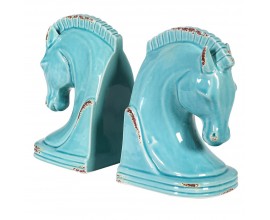 Designové azúrově modré zarážky na knihy Kůň s patinou vintage 20cm