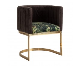 Art-deco luxusní jídelní židle Anatye s hnědým opěradlem zeleným vzorem na sedadle a zlatou podstavou 75cm