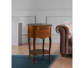 Luxusní rustikální příruční stolek Castilla z masivního dřeva s oblým tvarem, dvěma zásuvkami a poličkou