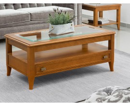 Luxusní rustikální konferenční stolek Carmen z masivu hnědý se zásuvkou obdélníkový s výškově nastavitelným mechanismem 112cm