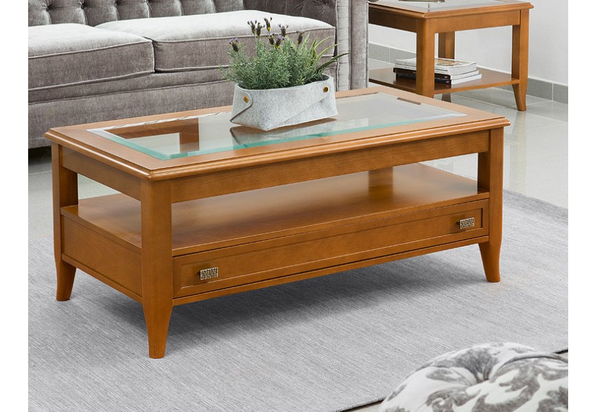 Luxusn&iacute; rustik&aacute;ln&iacute; konferenčn&iacute; stolek Carmen z masivu hněd&yacute; se z&aacute;suvkou obd&eacute;ln&iacute;kov&yacute; s v&yacute;&scaron;kově nastaviteln&yacute;m mechanismem 112cm