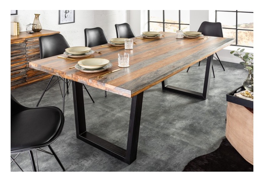 Industriální masivní jídelní stůl Spin z palisandrového dřeva s černými kovovými nohami