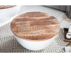 Designový kruhový konferenční stolek Sevii z kovu bílé barvy s masivní dřevěnou deskou a úložným prostorem