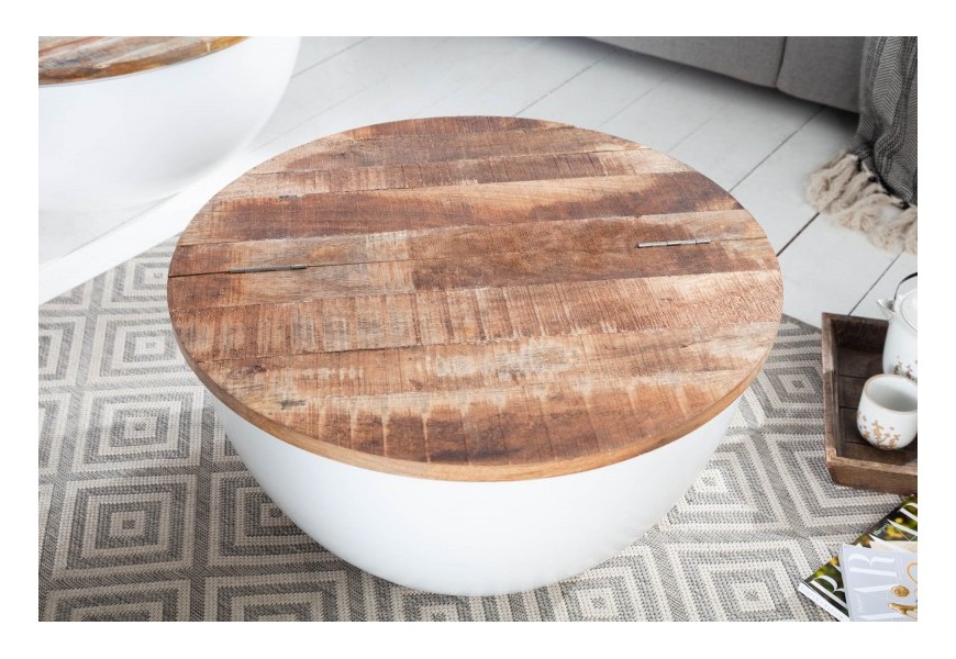Designový kruhový konferenční stolek Sevii z kovu bílé barvy s masivní dřevěnou deskou a úložným prostorem