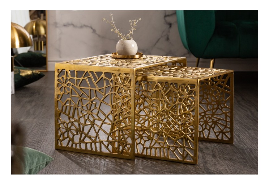 Art-deco set čtverečních konferenčních stolků Hoja zlaté barvy