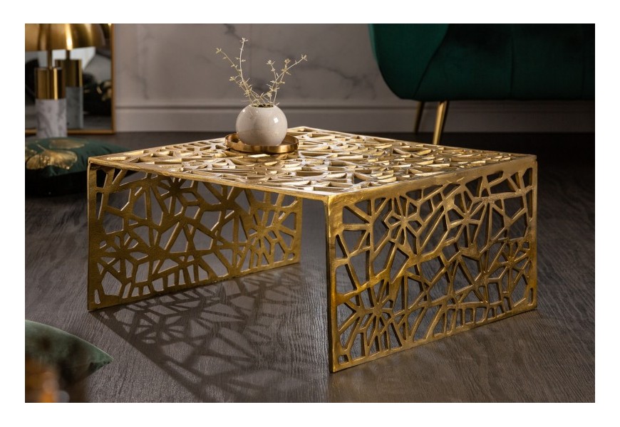 Designový čtvercový art-deco konferenční stolek Hoja z kovu ve zlaté barvě
