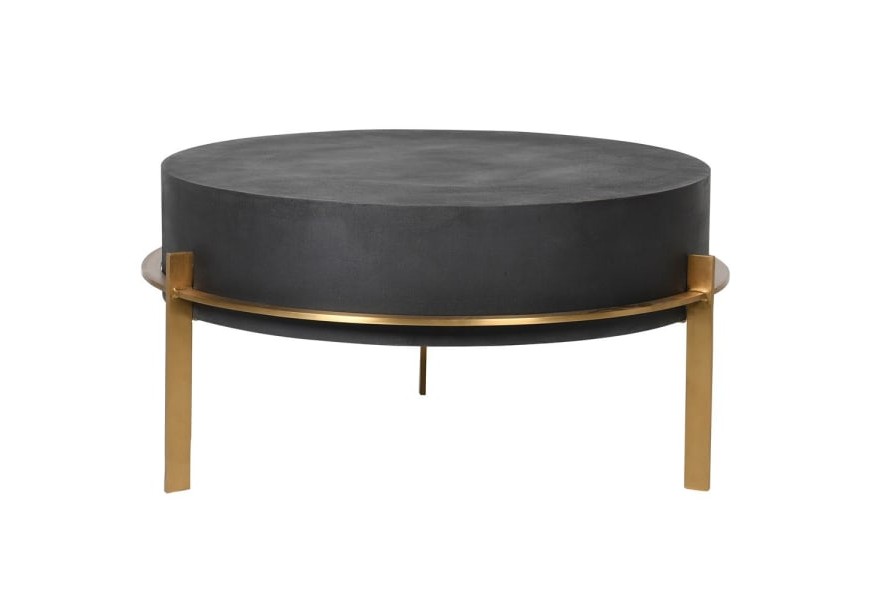 Art-deco černý kulatý konferenční stolek z betonu a kovu se zlatými nohami