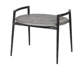 Industriální oválný příruční stolek Blue Stone s šedou kamennou deskou a s černou konstrukcí 60cm