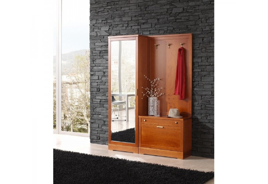 Luxusní masivní chodbová sestava Carmen v hnědé barvě s vysokou zrcadlovou skříní, dřevěným botníkem a věšákem
