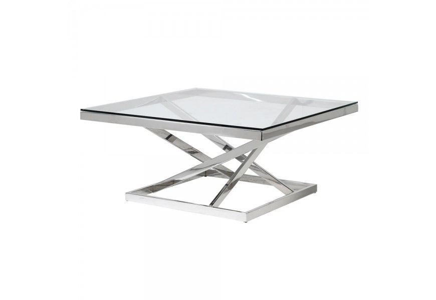 Stylový skleněný konferenční stolek Cromia čtvercového tvaru s kovovou chromovou konstrukcí