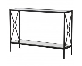Designový obdélníkový konzolový stolek se zrcadlovými skleněnými deskami a konstrukcí v tmavě hnědé barvě 112 cm
