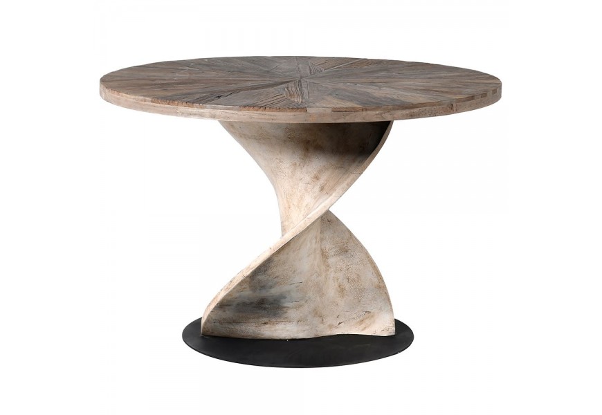 Kulatý stylový jídelní stůl z březového dřeva s výzdobou ve tvaru hvězdy a s atypickou dřevěnou podnoží s černým kruhovým