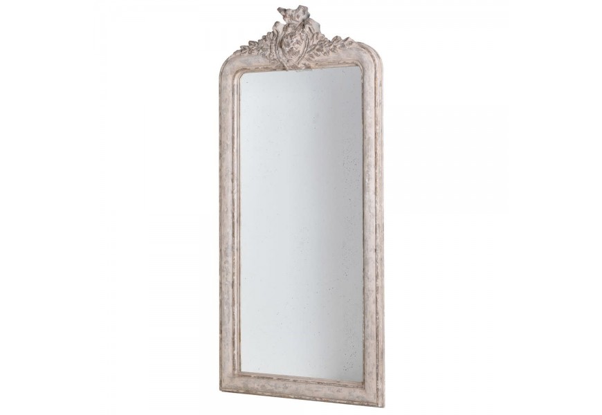 Vintage bílé šatní zrcadlo z masivu s barokní vyřezávanou výzdobou na vrchu 190 cm