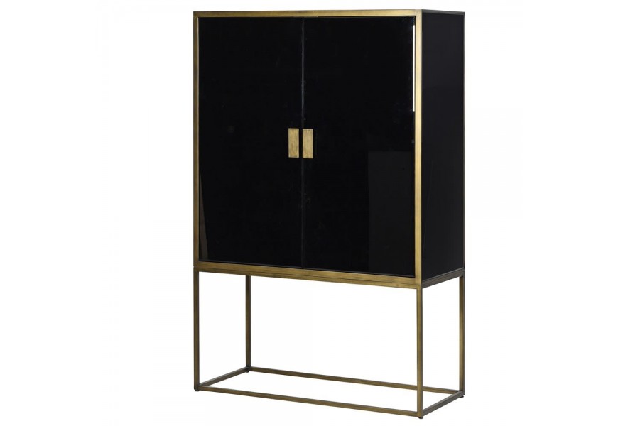 Art-deco zrcadlová vysoká skříňka Erin v černé barvě se zlatou kovovou konstrukcí 178cm