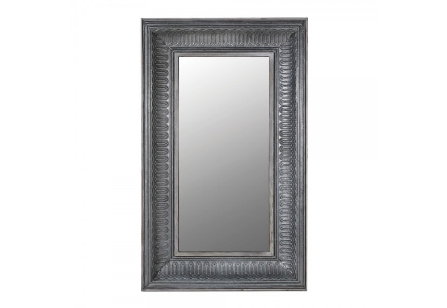 Rustikální obdélníkové nástěnné zrcadlo v tmavě šedé barvě z kovu s ornamentálním zdobením 165 cm