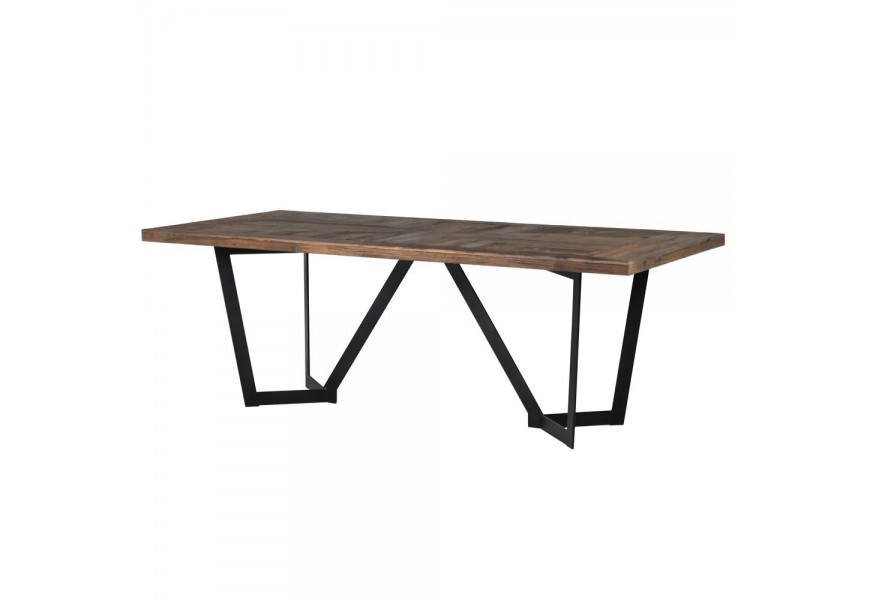 Industriální obdélníkový jídelní stůl z tmavého jilmového dřeva s ozdobným obrazcem na povrchu desky s černými nohama 220cm