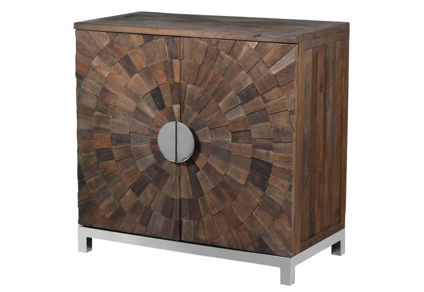 Designová čtvercová skříňka Furria z masivního jilmového dřeva hnědé barvy s geometrickými vzory
