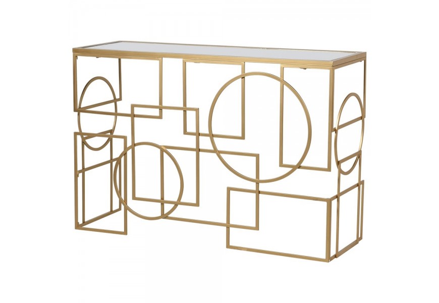 Designová geometrická konzole Eloisse v art-deco stylu se zlatou konstrukcí a zrcadlovou deskou