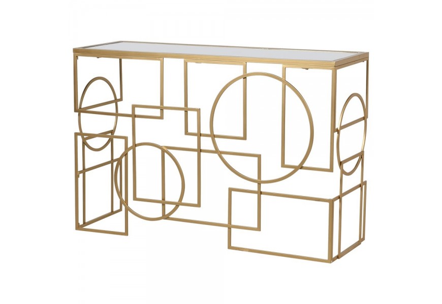 Designová geometrická konzole Eloisse v art-deco stylu se zlatou konstrukcí a zrcadlovou deskou