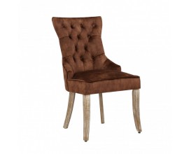 Chesterfield jídelní židle Torino se sametovým potahem hnědé barvy a masivními nohama se stříbrným klepadlem 96cm