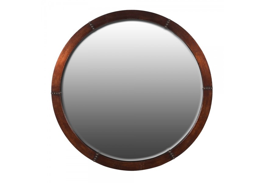 Designové velké hnědé nástěnné zrcadlo Barrata I s kulatým měděným rámem s ozdobným nýtováním v industriálním stylu