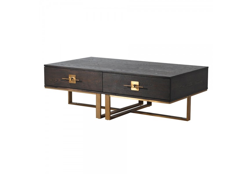 Luxusní konferenční stolek Luxuria ze dřeva s kovovou zlatou konstrukcí a dvěma zásuvkami