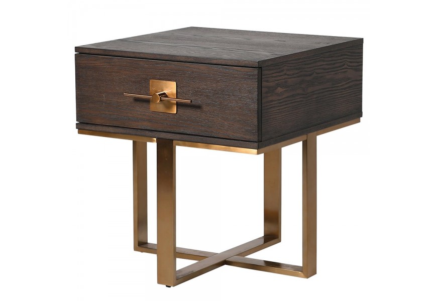 Designový noční stolek Luxuria ze dřeva se zlatou kovovou konstrukcí v art-deco stylu se zásuvkou