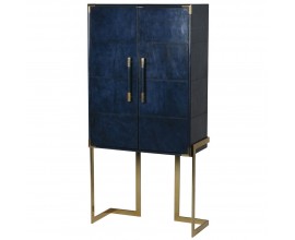Kožená orientální barová skříňka Pellia Azul v tmavěmodré barvě se zlatou kovovou konstrukcí 165cm