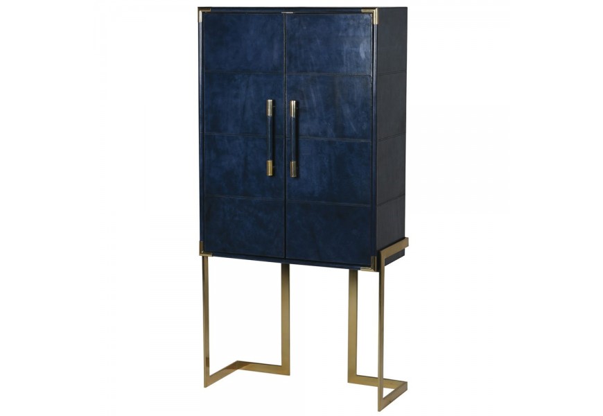 Kožená orientální barová skříňka Pellia Azul v tmavěmodré barvě se zlatou kovovou konstrukcí 165cm