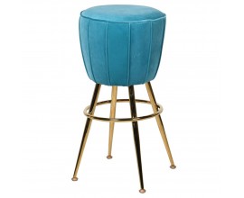 Art-deco kulatá tyrkysová barová židle se sametovým potahem a ocelovými nohami 75 cm